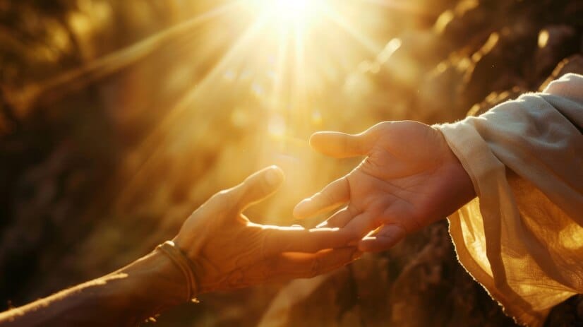 Uma mão estendida em um gesto de ajuda e fé, iluminada por uma luz dourada, simbolizando esperança e espiritualidade.