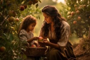 Uma mulher de cabelos ondulados e uma menina com cachos seguram maçãs em um pomar repleto de árvores frutíferas. A mulher sorri gentilmente enquanto ensina a criança sobre a colheita, criando uma cena acolhedora e cheia de carinho
