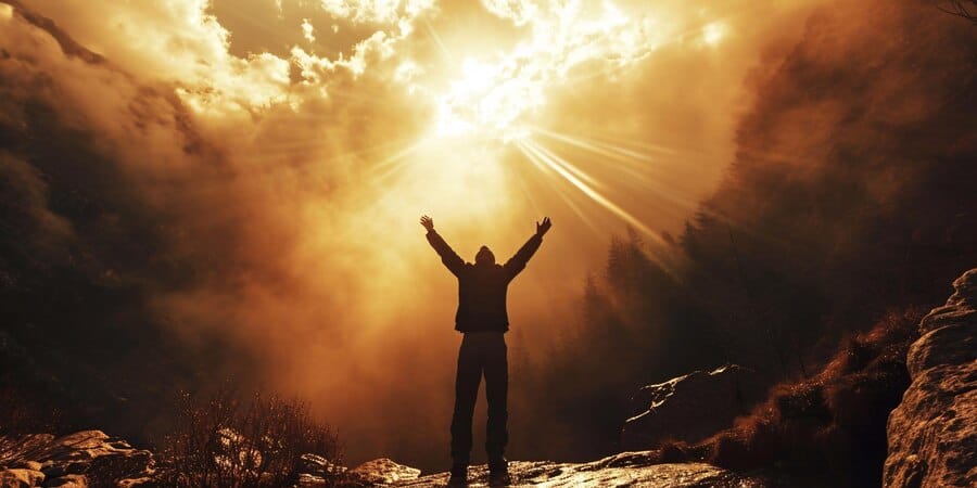 Uma pessoa de braços abertos olha para o céu enquanto raios de sol atravessam as nuvens, criando um cenário majestoso e inspirador. A imagem transmite uma sensação de liberdade, esperança e conexão espiritual.