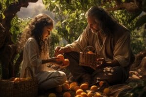 Em um cenário natural e acolhedor, um avô e sua neta compartilham um momento especial colhendo frutas maduras em um pomar. A luz do sol suavemente ilumina a cena, destacando a conexão entre gerações e a beleza da simplicidade da vida no campo.