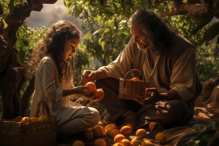 Em um cenário natural e acolhedor, um avô e sua neta compartilham um momento especial colhendo frutas maduras em um pomar. A luz do sol suavemente ilumina a cena, destacando a conexão entre gerações e a beleza da simplicidade da vida no campo.