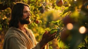 Um homem de cabelos longos e barba, vestido com um manto claro, observa atentamente um ramo frutífero em um pomar iluminado pelo sol. Sua expressão transmite serenidade e reflexão, enquanto a luz dourada realça a cena.