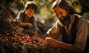 Um homem barbudo e um menino sorridente, vestidos com roupas rústicas, colhem pequenos frutos juntos em um ambiente natural. Ambos parecem felizes, compartilhando um momento de conexão e alegria na colheita.