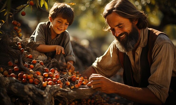 Um homem barbudo e um menino sorridente, vestidos com roupas rústicas, colhem pequenos frutos juntos em um ambiente natural. Ambos parecem felizes, compartilhando um momento de conexão e alegria na colheita.