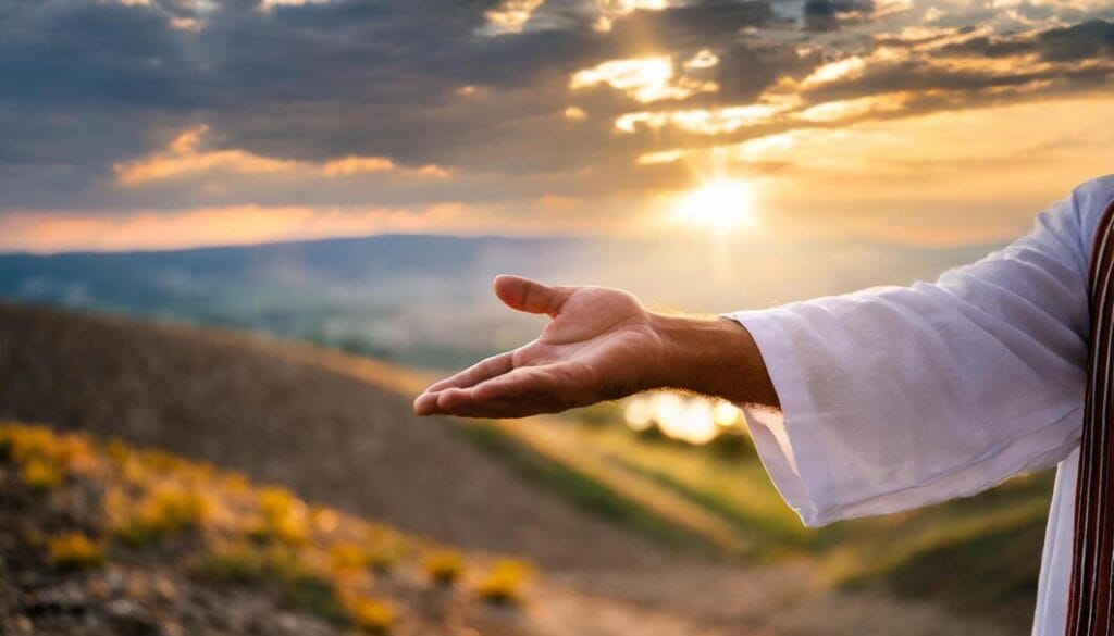 Imagem de um homem vestido de branco, com a palma da mão aberta em destaque, em uma montanha cercada por um fundo verde exuberante. A cena simboliza o divino, representando bênçãos, proteção e um chamado à fé e à espiritualidade.