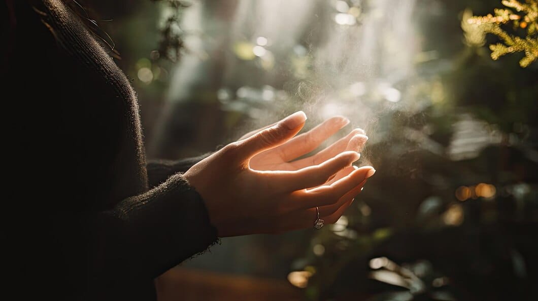 Imagem de uma mulher com as mãos abertas em meio à natureza, como em um momento de preparação espiritual. A cena transmite conexão com o divino, paz interior e renovação da fé, simbolizando entrega e busca por propósito