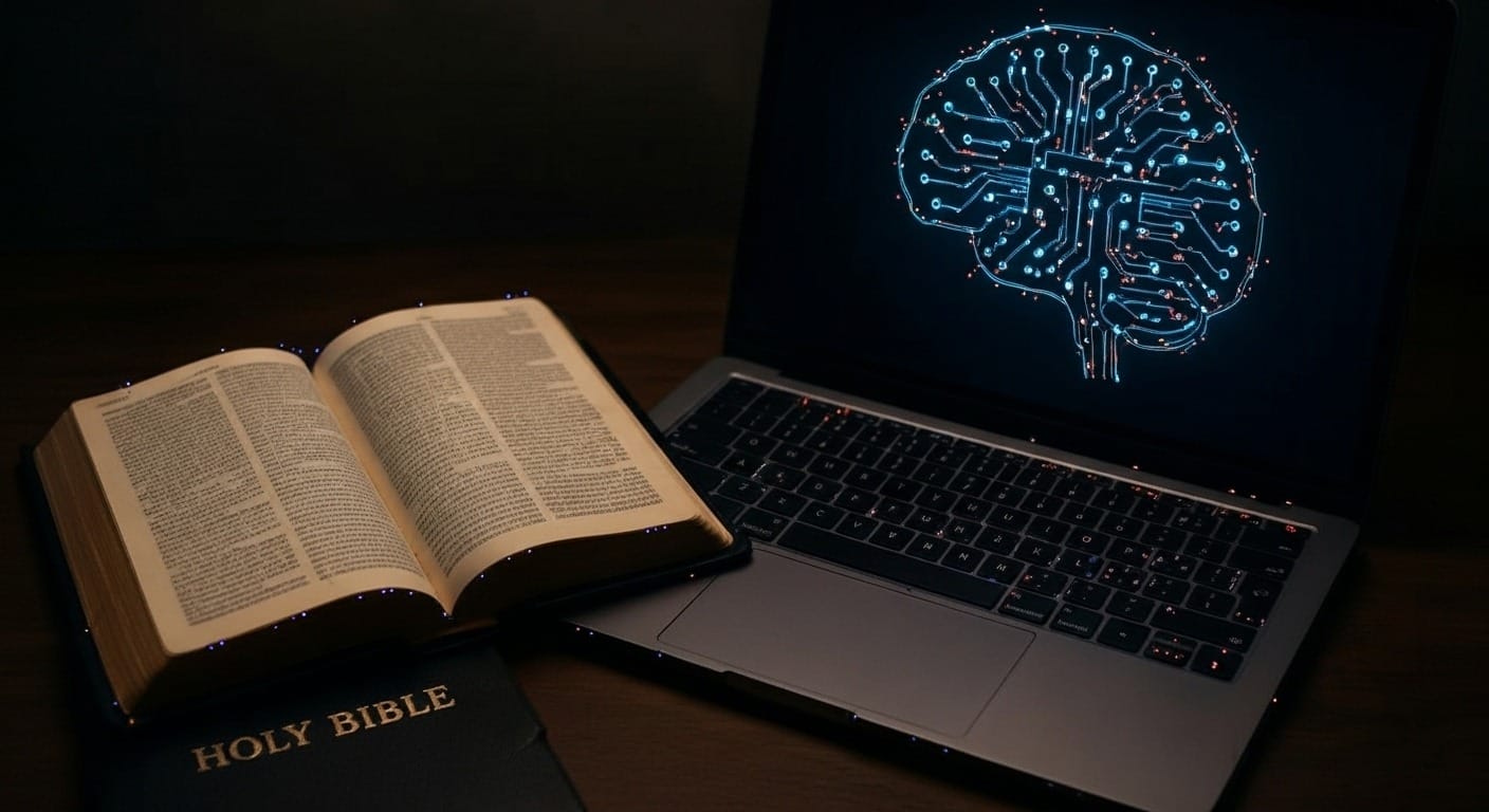 Em uma cena com pouca luz, uma Bíblia aberta e outra fechada, com o título "HOLY BIBLE", estão sobre uma mesa escura ao lado de um laptop. A tela do laptop exibe uma representação digital futurista de um cérebro humano com circuitos e conexões eletrônicas em neon azul claro, simbolizando a Inteligência Artificial nas igrejas. A imagem justapõe o texto sagrado tradicional e o poder do processamento de dados da IA.