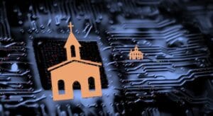 Uma imagem de close-up e com pouca profundidade de campo, em um tom de azul escuro, mostra um circuito impresso (placa-mãe) com trilhas e componentes. Sobre a placa, há duas silhuetas de igreja na cor laranja: uma maior e mais em foco no lado esquerdo, e uma menor no lado direito. A imagem simboliza a integração da fé (igreja) com a tecnologia digital e o conceito de Inteligência Artificial nas igrejas.