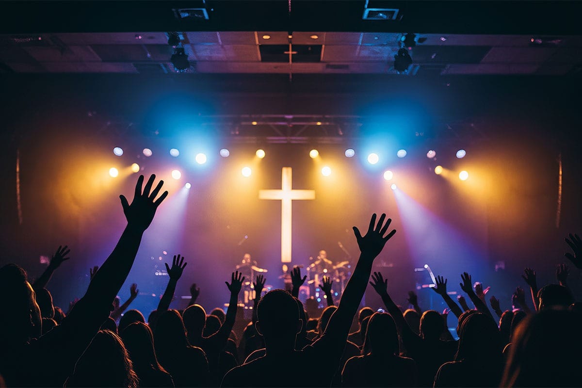 Uma multidão de pessoas reunidas em um ambiente escuro, com as mãos levantadas em adoração. O palco ao fundo está iluminado por luzes coloridas (azul e amarelo/laranja) e apresenta uma grande cruz branca e brilhante ao centro, com uma banda no fundo. A imagem representa um momento de louvor e adoração de um evento que gera Conteúdo Cristão.
